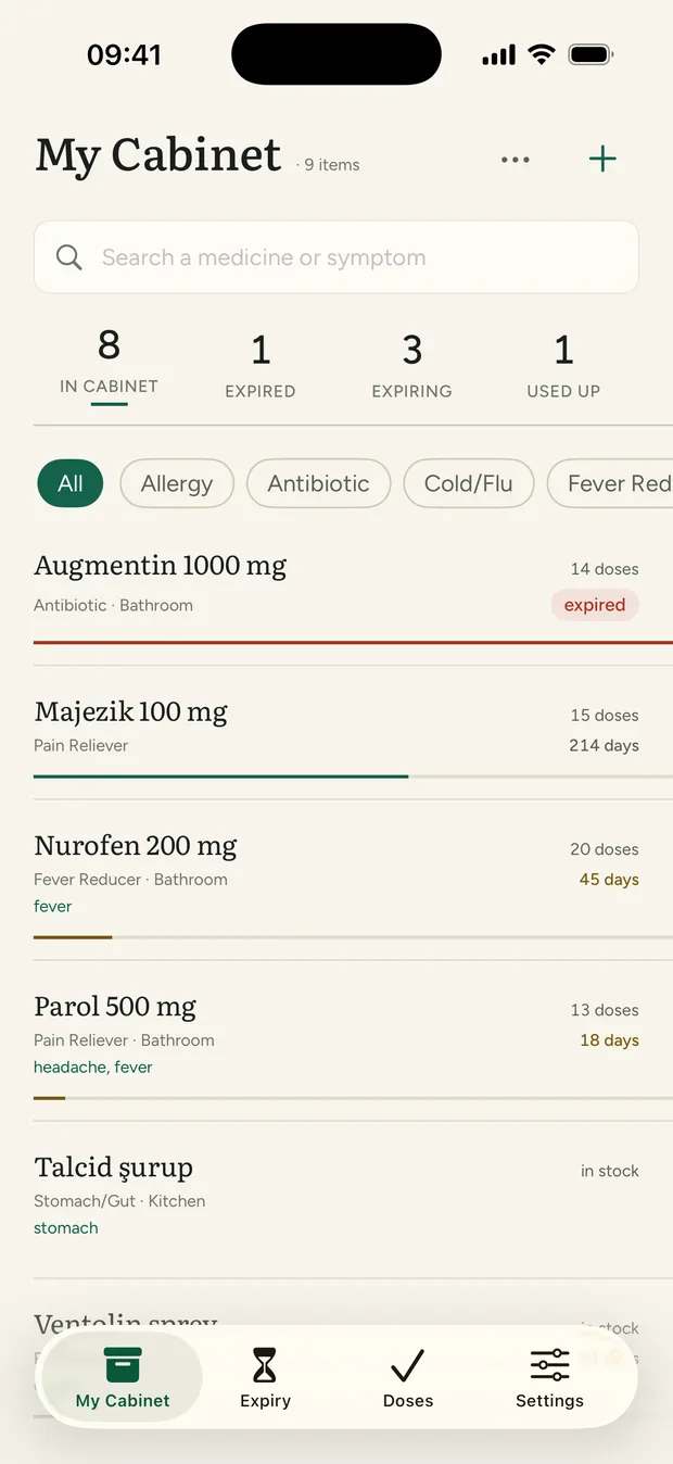 My Cabinet screen: medicine list with expired, expiring and used-up counters