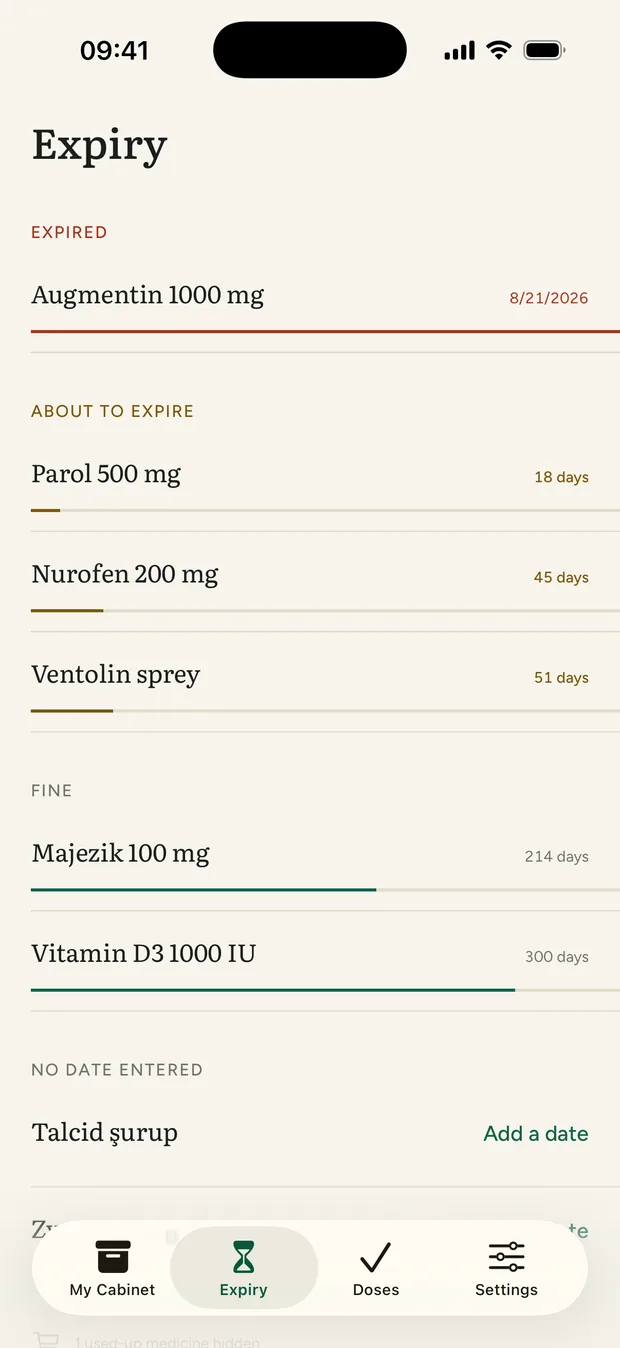 Expiry screen: medicines grouped by expiry status