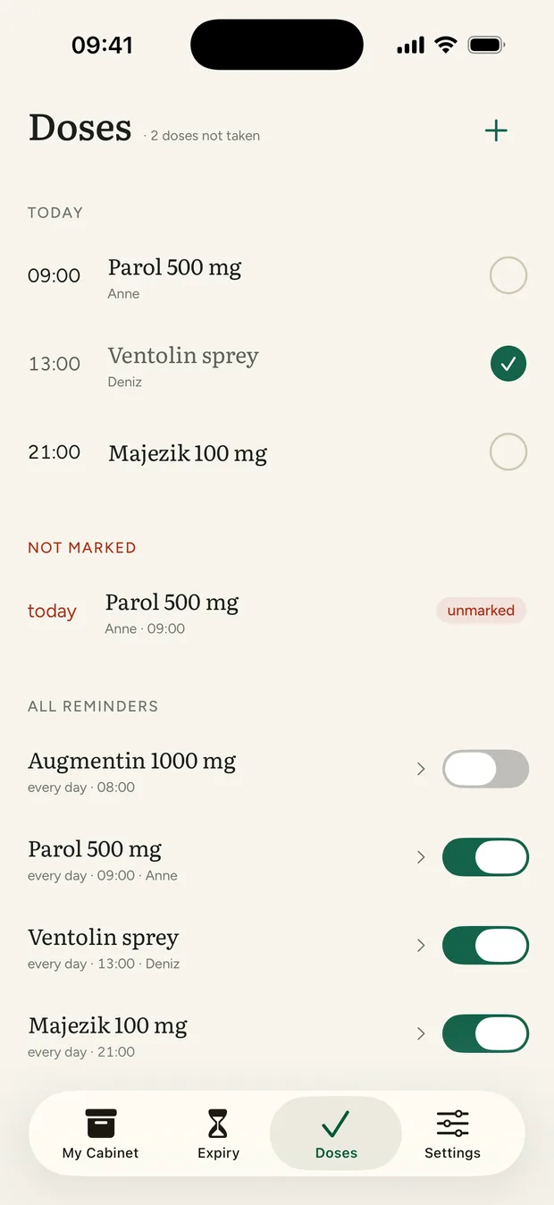 Doses screen: today's doses and reminders