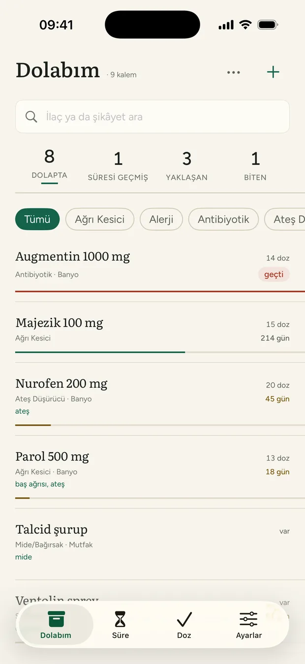 Dolabım ekranı: ilaç listesi, geçmiş, yaklaşan ve biten sayaçları