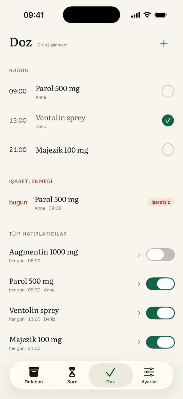 Doz ekranı: bugünün dozları ve hatırlatıcılar