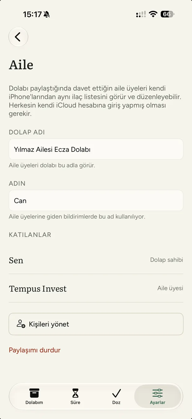Aile ekranı: dolabı paylaşan kişiler ve rolleri